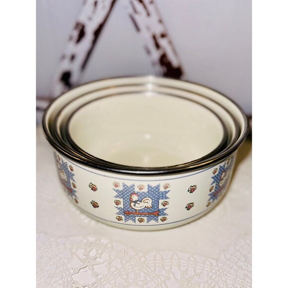 Vintage Roosters Enamel Metal Mixing Nesting Bowls Set of 3 - Picture 8 of 9